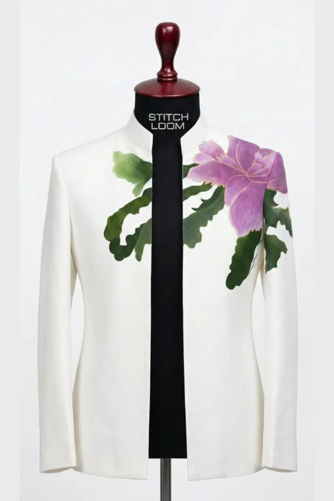 Custom men’s Jodhpuri suit with hand-painted floral design manufactured in Kerala