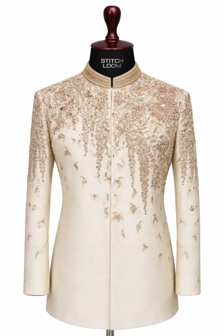 Ivory Jodhpuri with floral hand embroidery manufactured in Kerala – Jodhpuri #1032