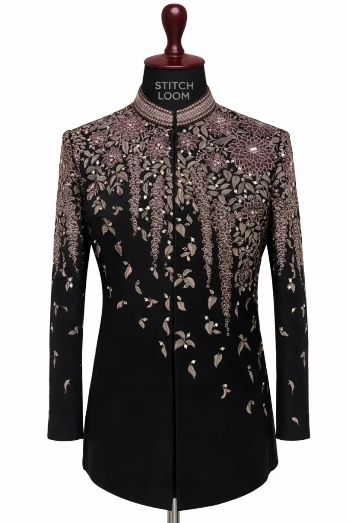 Black Jodhpuri with floral hand embroidery manufactured in Kerala – Jodhpuri #1033