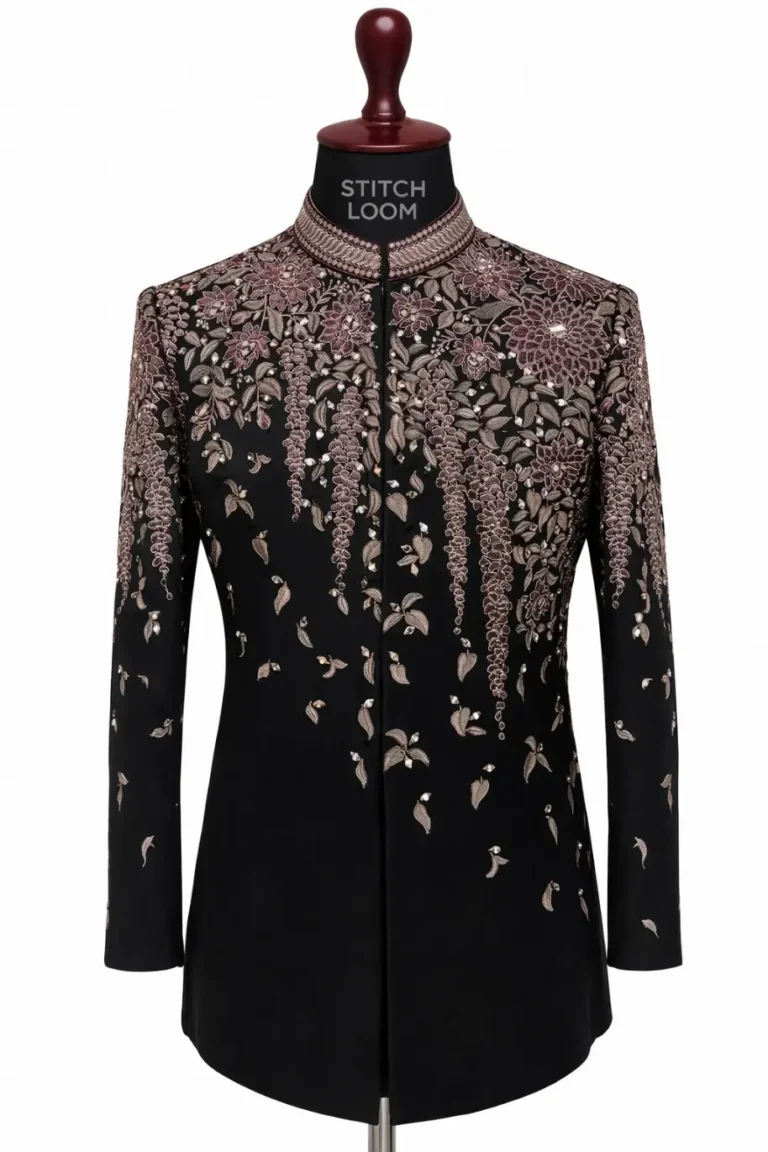 Black Jodhpuri with floral hand embroidery manufactured in Kerala – Jodhpuri #1033