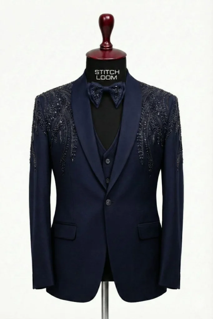 Custom men’s navy blue blazer manufactured in Kerala for weddings and events