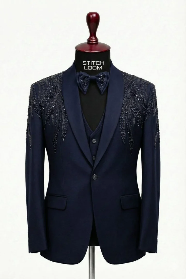 Custom men’s navy blue blazer manufactured in Kerala for weddings and events