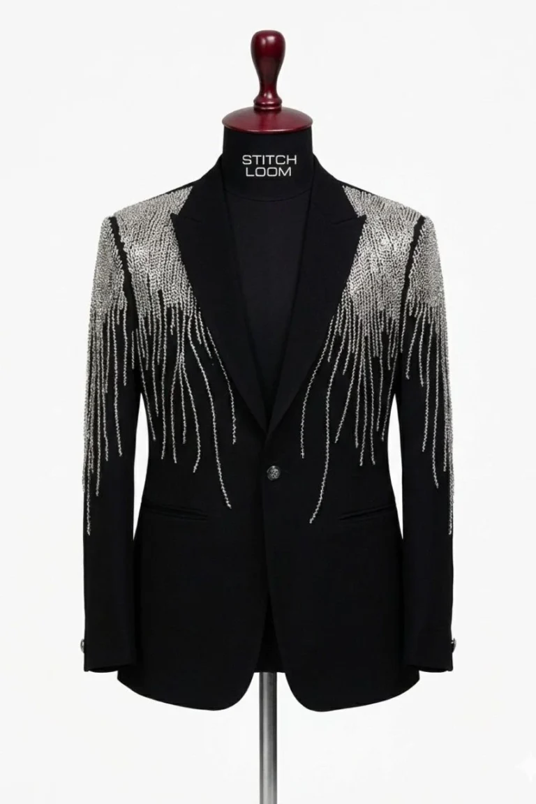 Custom men’s black blazer with metallic embellishment manufactured in Kerala