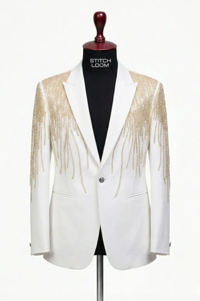 Custom men’s white blazer with gold embellishment manufactured in Kerala