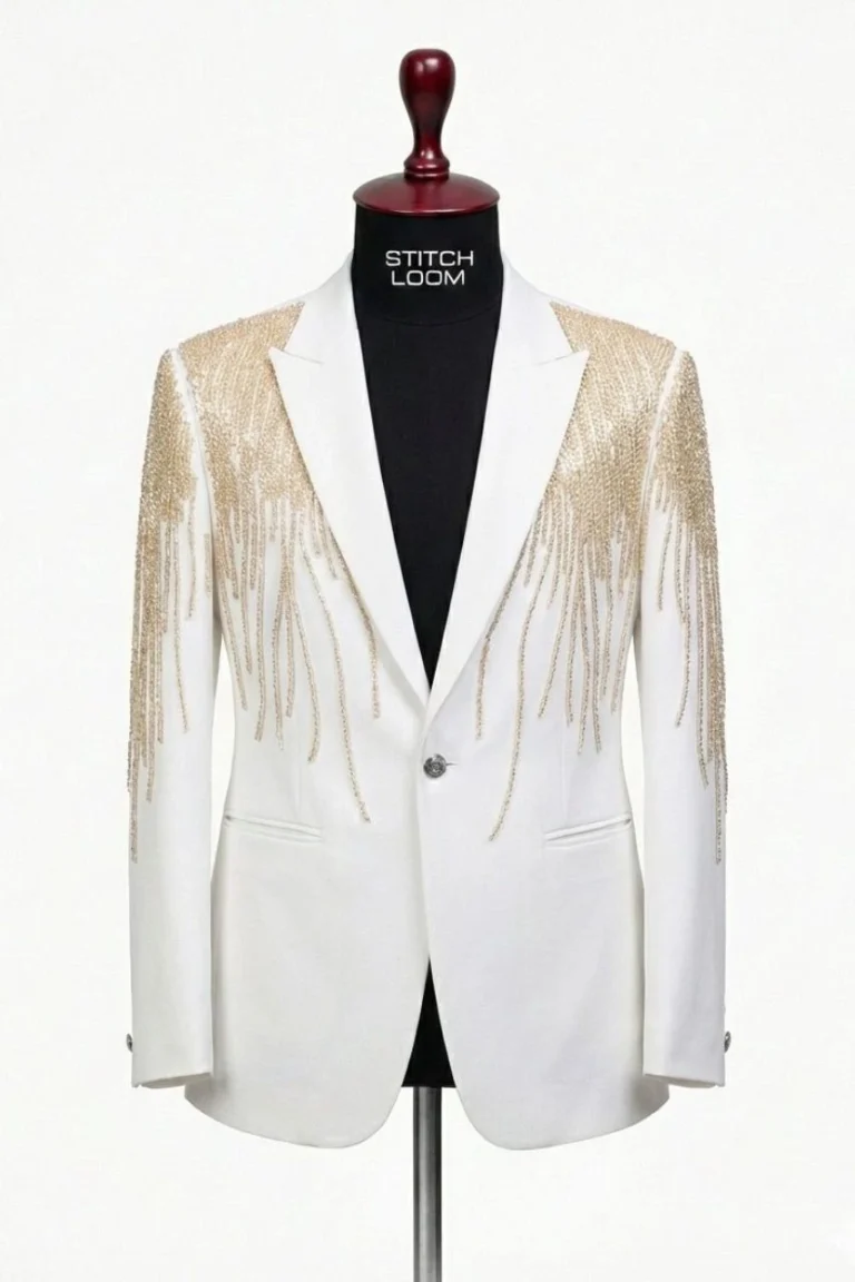Custom men’s white blazer with gold embellishment manufactured in Kerala