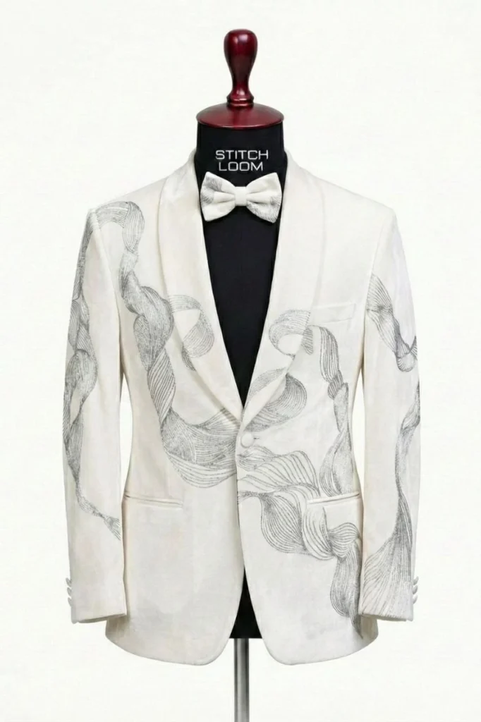 Custom men’s white blazer with abstract pattern manufactured in Kerala, India