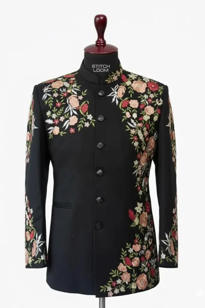 Black floral embroidered men’s Jodhpuri custom manufactured in Kerala – Jodhpuri #1031