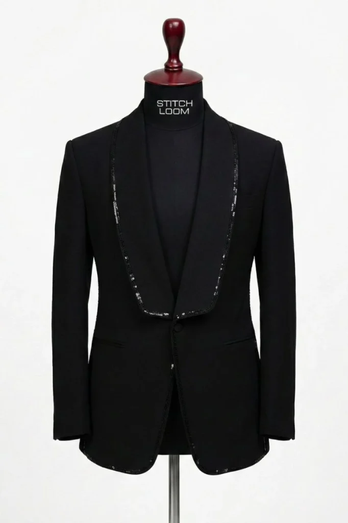 Custom men’s black formal blazer manufactured in Kerala, India