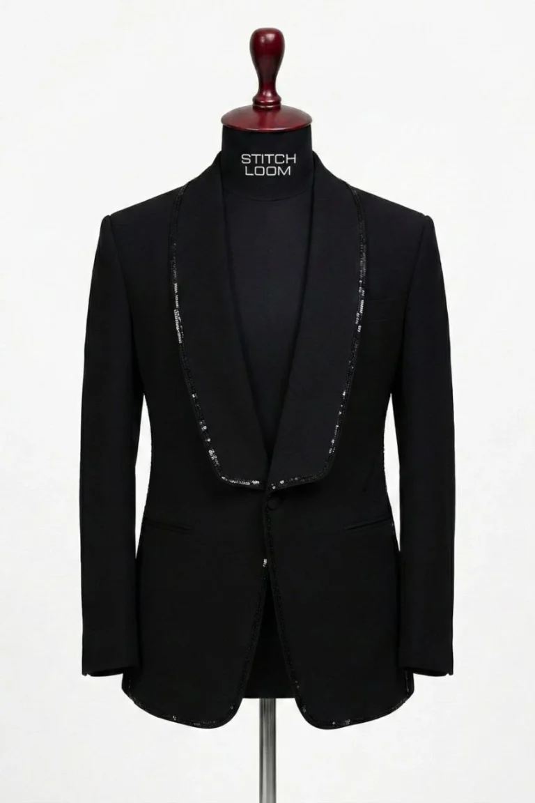 Custom men’s black formal blazer manufactured in Kerala, India