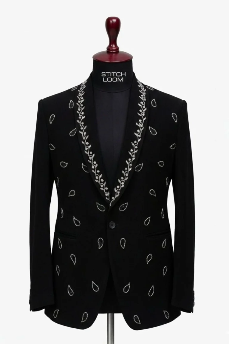 Custom men’s black embroidered blazer manufactured in Kerala, India
