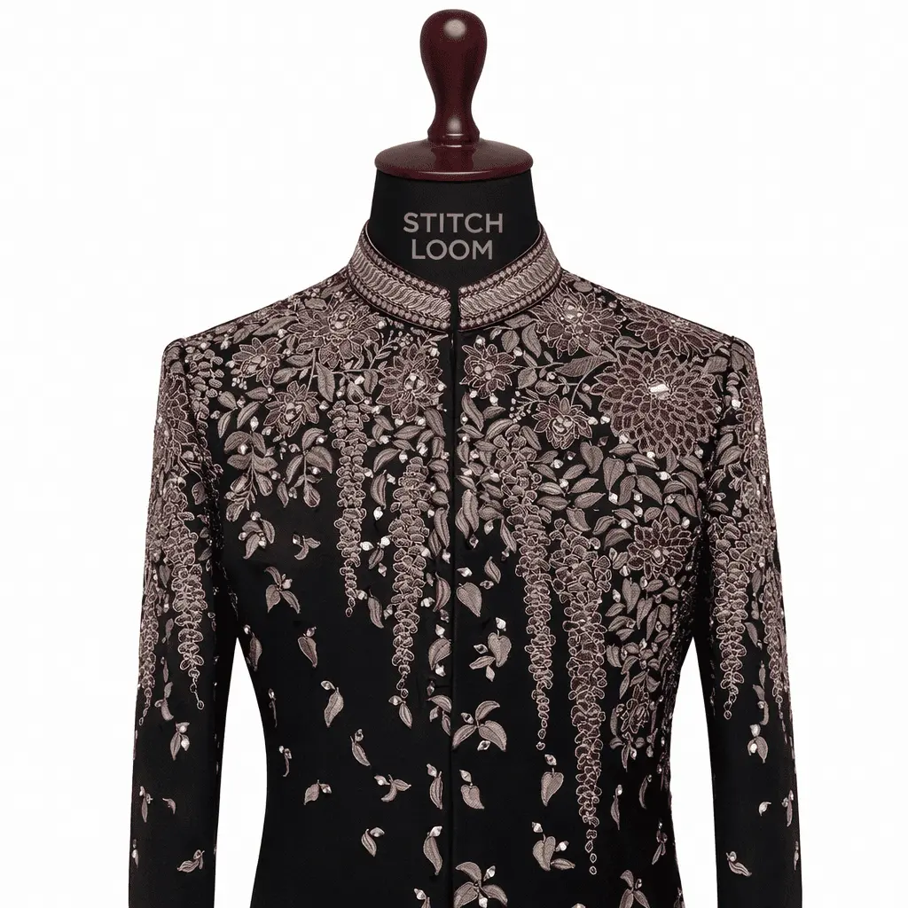 Custom men’s Jodhpuri suit with embroidery manufactured in Kerala, India for wedding and ethnic wear brands supplying across all Indian states and all Kerala districts