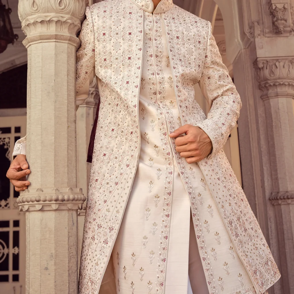 Custom men’s wedding sherwani with embroidery manufactured in Kerala, India for groom wear brands supplying across all Indian states and all Kerala districts