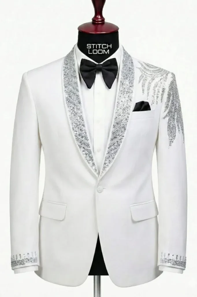 Custom men’s white blazer manufactured in Kerala, India by Stitch Loom
