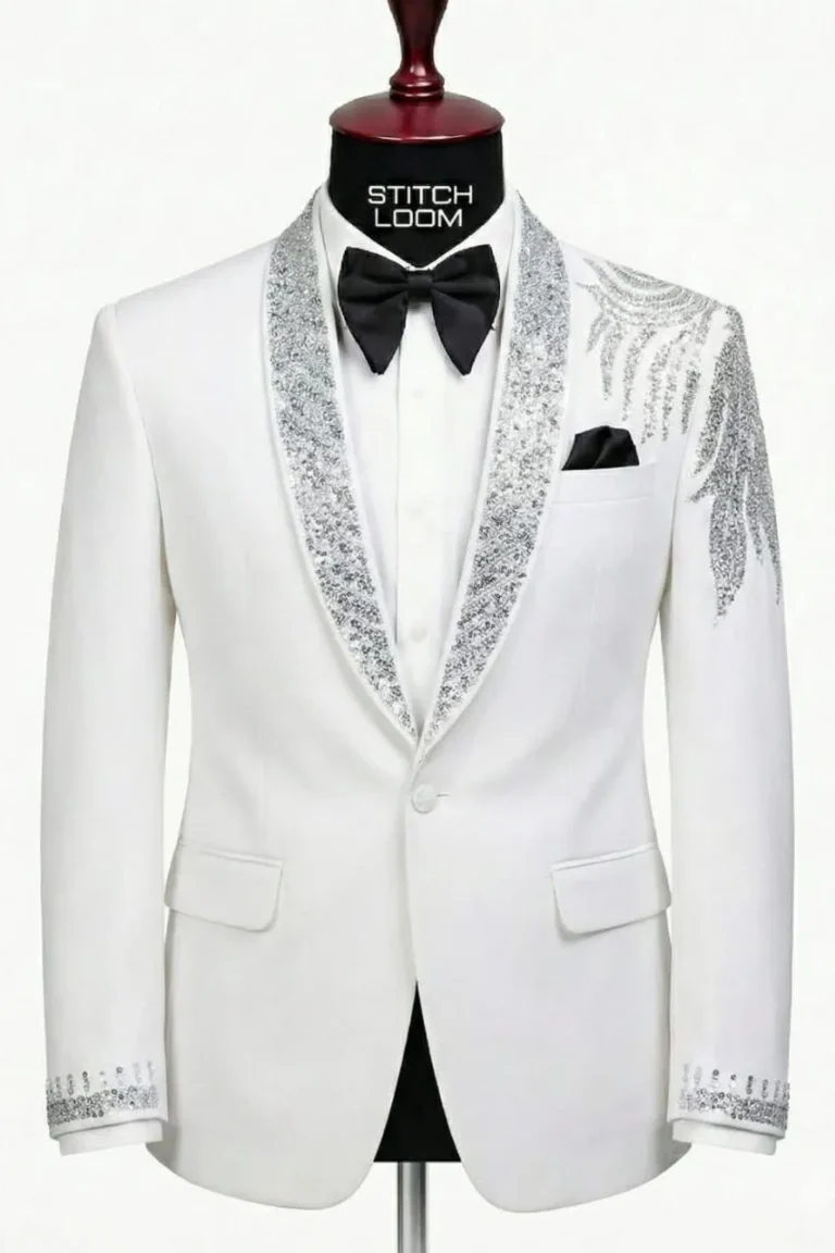 Custom men’s white blazer manufactured in Kerala, India by Stitch Loom