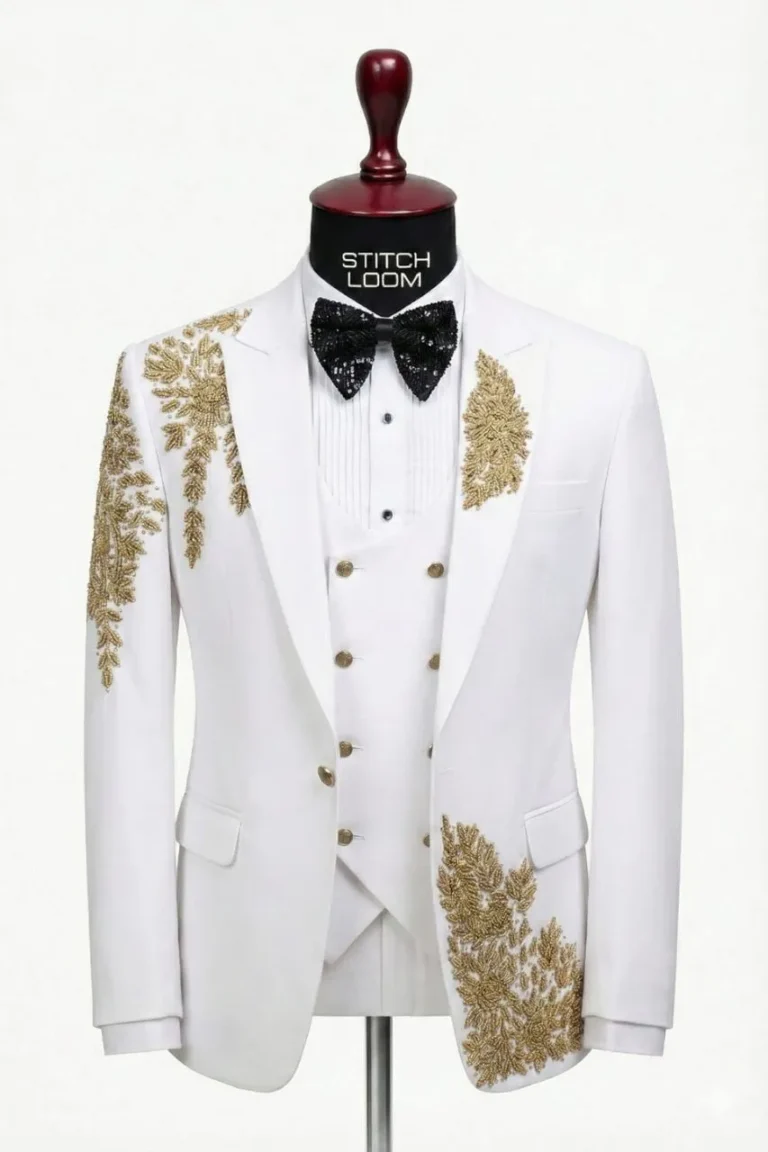 Custom men’s white embroidered blazer manufactured in Kerala, India by Stitch Loom