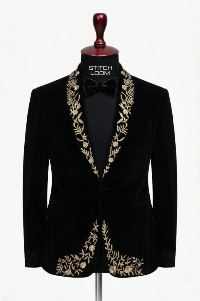 Custom men’s embroidered black blazer manufactured in Kerala India