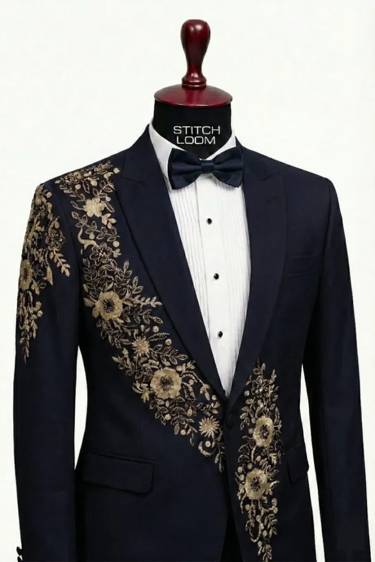 Custom men’s embroidered navy blazer manufactured in Kerala India