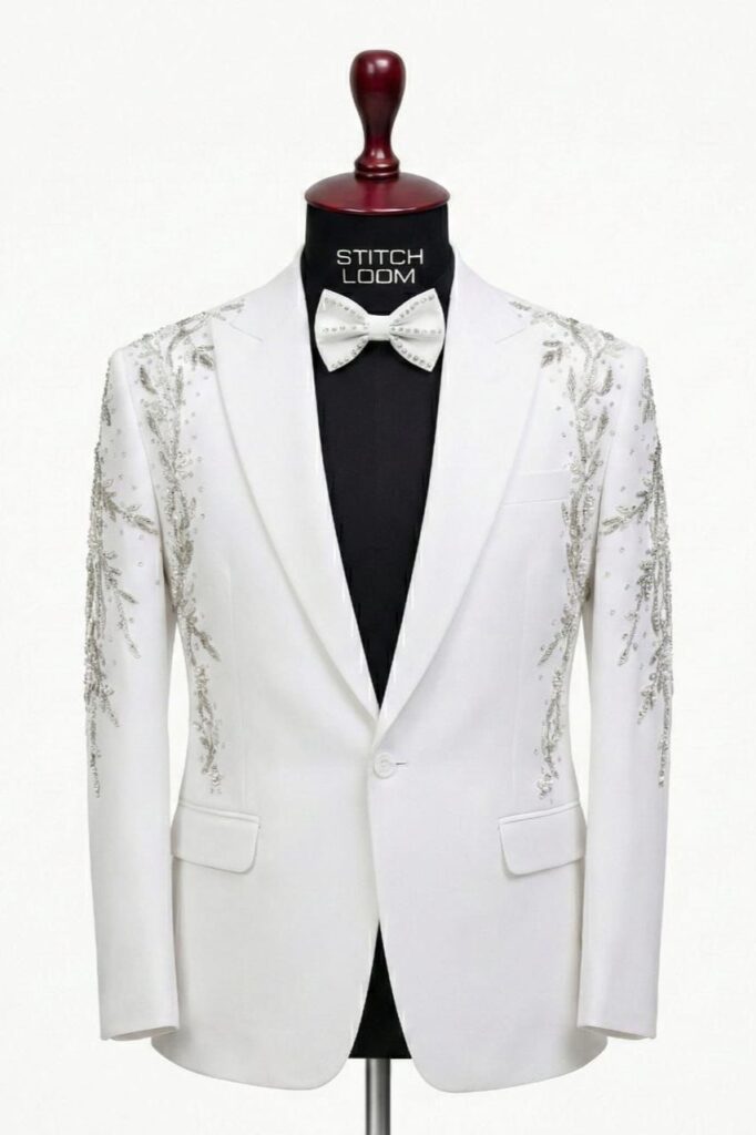 White custom men’s blazer with silver embroidery manufactured in Kerala India