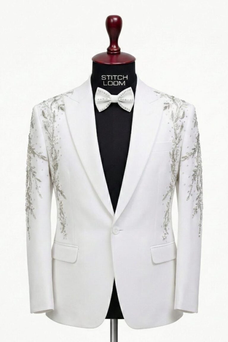 White custom men’s blazer with silver embroidery manufactured in Kerala India